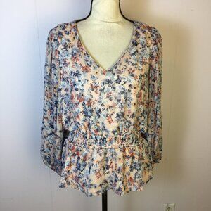 New! Catherine Malandrino Peplum Blouse Top L Womans Pink Floral Smocked Waist